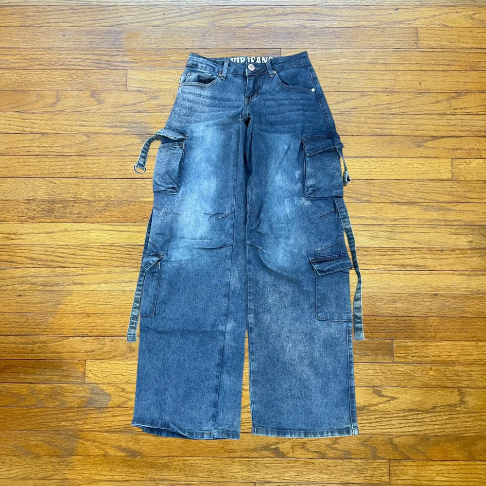 VIP Jeans Women Blue Wide Leg Cargo Denim Pants Y2K Utility Straps Size 00